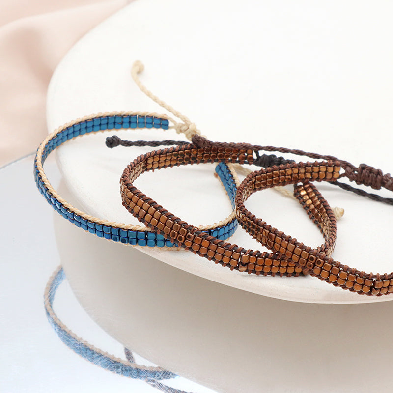 Custom Oem Woven Wholesale Simple Design Handmade Double Layers Ajustable Hematite Beads Bangle Bracelet