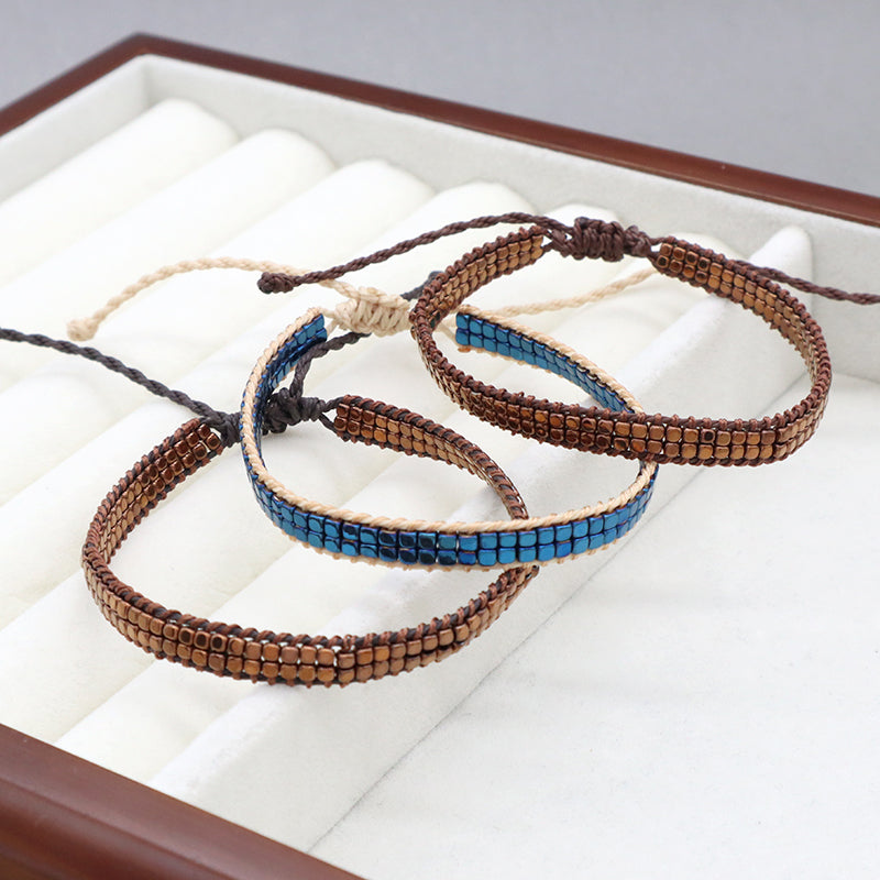 Custom Oem Woven Wholesale Simple Design Handmade Double Layers Ajustable Hematite Beads Bangle Bracelet