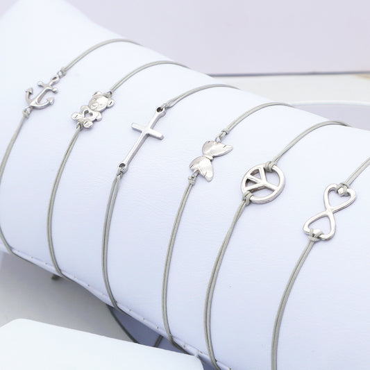 Cross Butterfly Anchor 925 Sterling Silver Charm Casual Bracelet Simple Design Adjustable Cotton Wire Bracelets