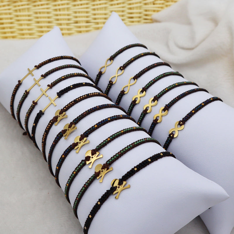 Custom Miyuki Seed Beads Macrame Bracelet Jewelry Adjustable Woven Handmade Cross Skull Stainless Steel Charm Miyuki Bracelet