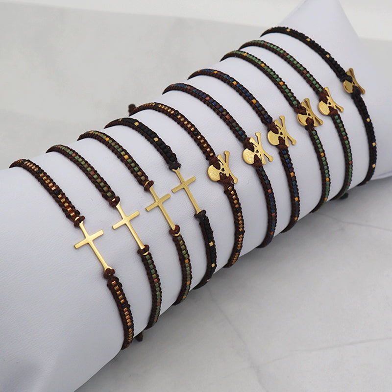 Custom Miyuki Seed Beads Macrame Bracelet Jewelry Adjustable Woven Handmade Cross Skull Stainless Steel Charm Miyuki Bracelet