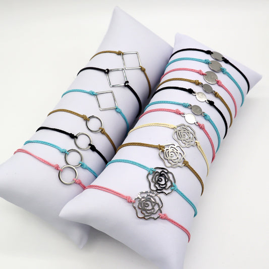 Summer Colorful Wax Wire Thread Adjust Handmade Rose Round Square Stainless Steel Charm Bracelet