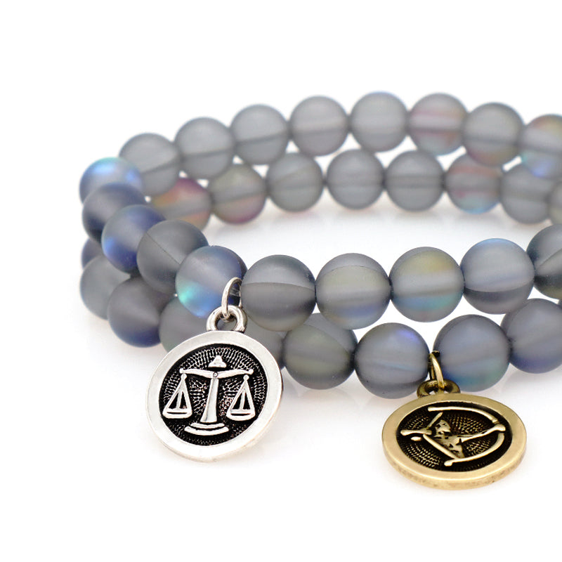 Manufacture Customized Fashion Wholesale OEM Handmade 8mm Synthetic Moonstone Beads Gold Plated Libra Sagittarius Charm Bracelet