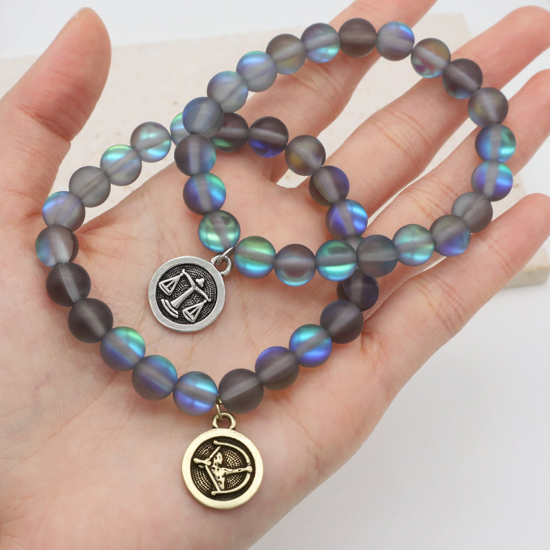 Manufacture Customized Fashion Wholesale OEM Handmade 8mm Synthetic Moonstone Beads Gold Plated Libra Sagittarius Charm Bracelet
