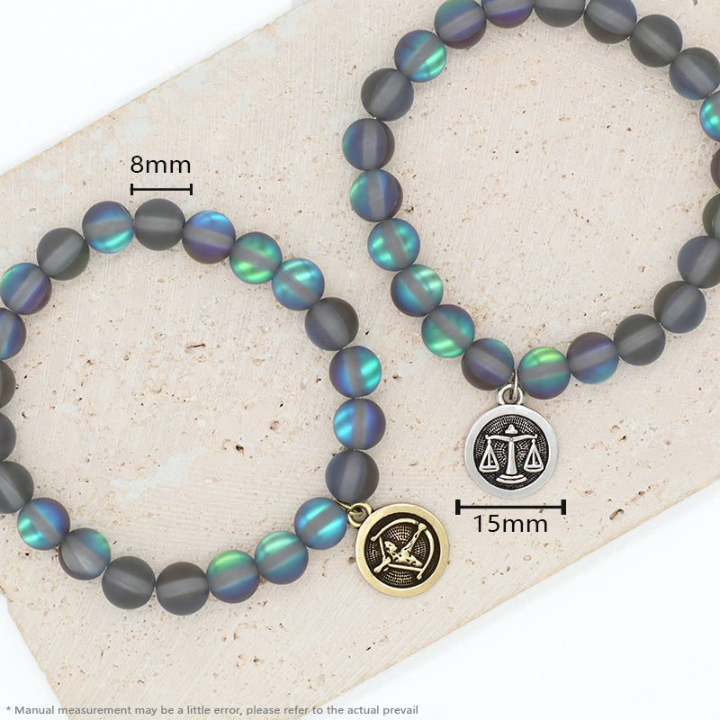 Manufacture Customized Fashion Wholesale OEM Handmade 8mm Synthetic Moonstone Beads Gold Plated Libra Sagittarius Charm Bracelet