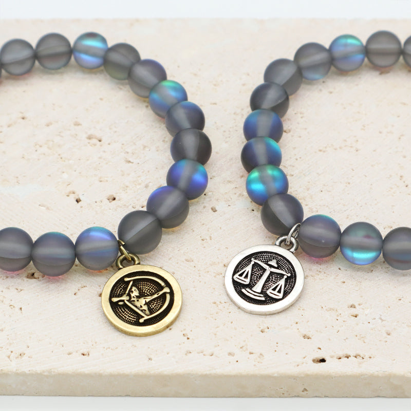 Manufacture Customized Fashion Wholesale OEM Handmade 8mm Synthetic Moonstone Beads Gold Plated Libra Sagittarius Charm Bracelet
