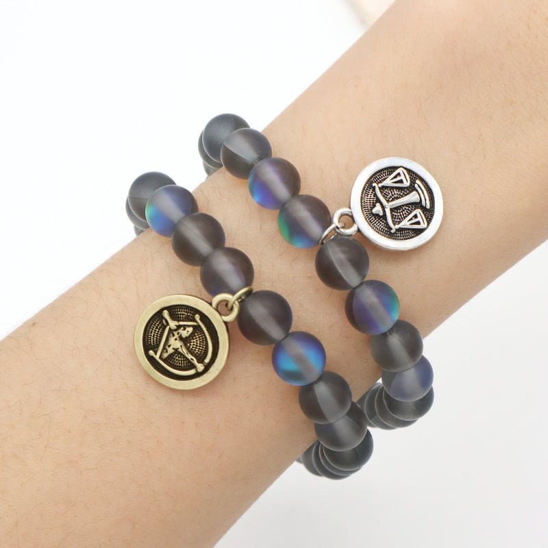 Manufacture Customized Fashion Wholesale OEM Handmade 8mm Synthetic Moonstone Beads Gold Plated Libra Sagittarius Charm Bracelet