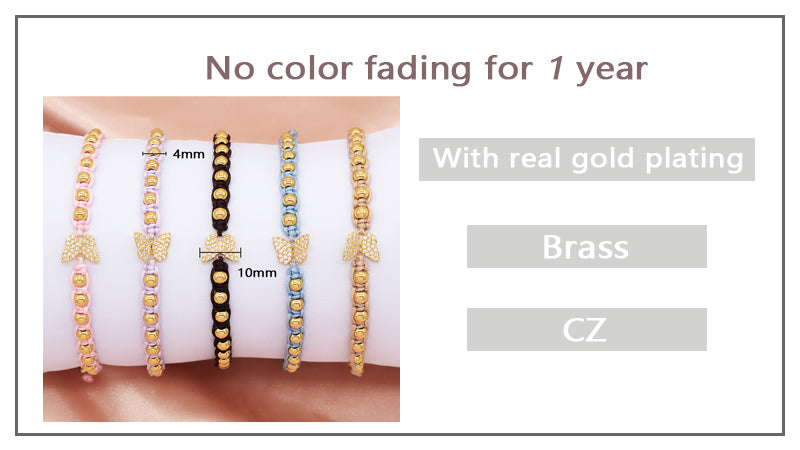 Custom Women 4mm Brass Beaded Ajustable Woven Butterfly Charm Bracelet Factory OEM Handmade gold filled butterfly beads bracelet