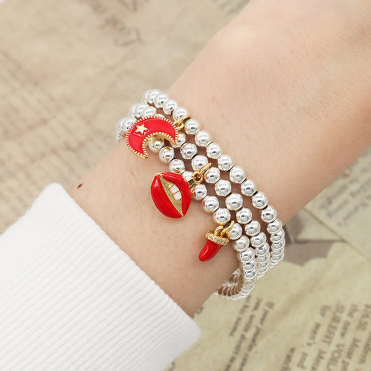 Custom Women OEM Handmade Diy Wholesale Gift CZ Red Enamel Moon Star Lip Charm Silver Plated 4mm Natural Stone Beaded Bracelets