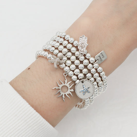 OEM Handmade Custom Women Diy CZ Sun Starfish Hamsa Hand Lucky Charm Silver Plated 4mm Natural Stone Beaded Bracelets For Gift