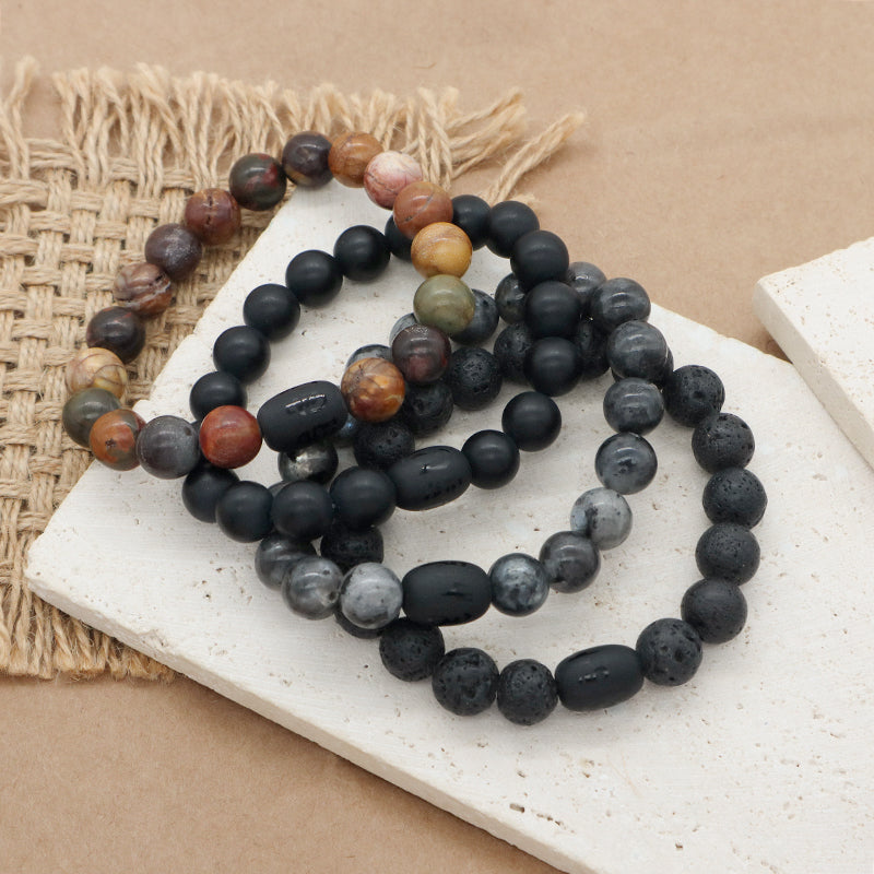 Customized Healing Energy YoGa Jewelry Handmade OEM Elastic Black Onyx Beads Charm10mm Lava Natural Stone Bracelet For Men Women