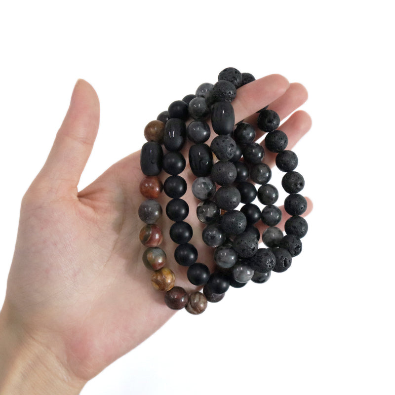 Customized Healing Energy YoGa Jewelry Handmade OEM Elastic Black Onyx Beads Charm10mm Lava Natural Stone Bracelet For Men Women