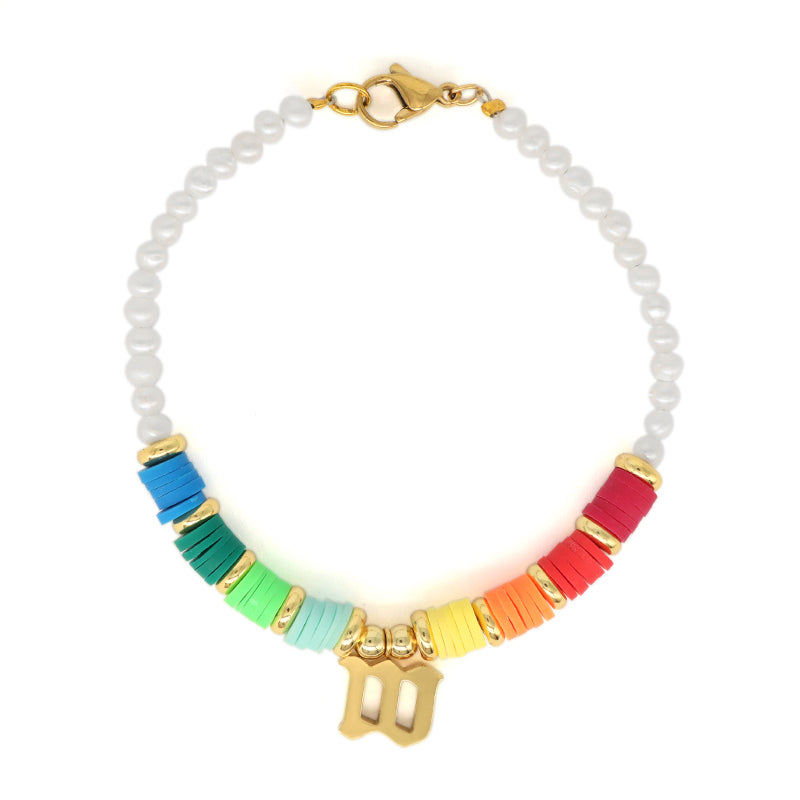 Fashion Custom Women Gold Plated Charm Jewelry Handmade Polymer Clay Stainless Steel Initial Letter M Pearl Beads Bracelet