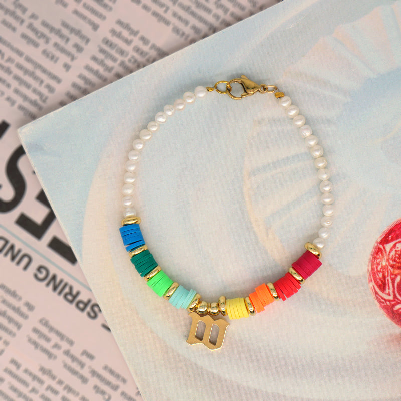 Fashion Custom Women Gold Plated Charm Jewelry Handmade Polymer Clay Stainless Steel Initial Letter M Pearl Beads Bracelet