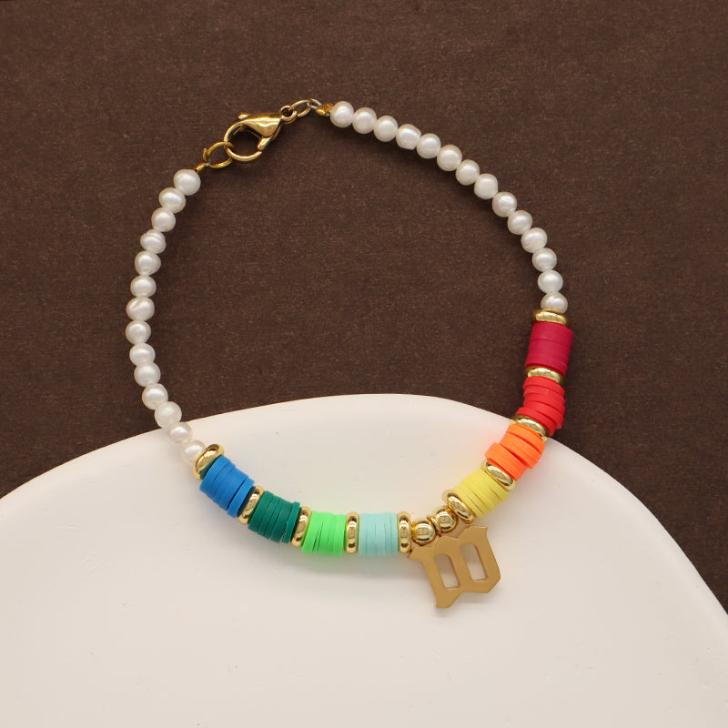 Fashion Custom Women Gold Plated Charm Jewelry Handmade Polymer Clay Stainless Steel Initial Letter M Pearl Beads Bracelet