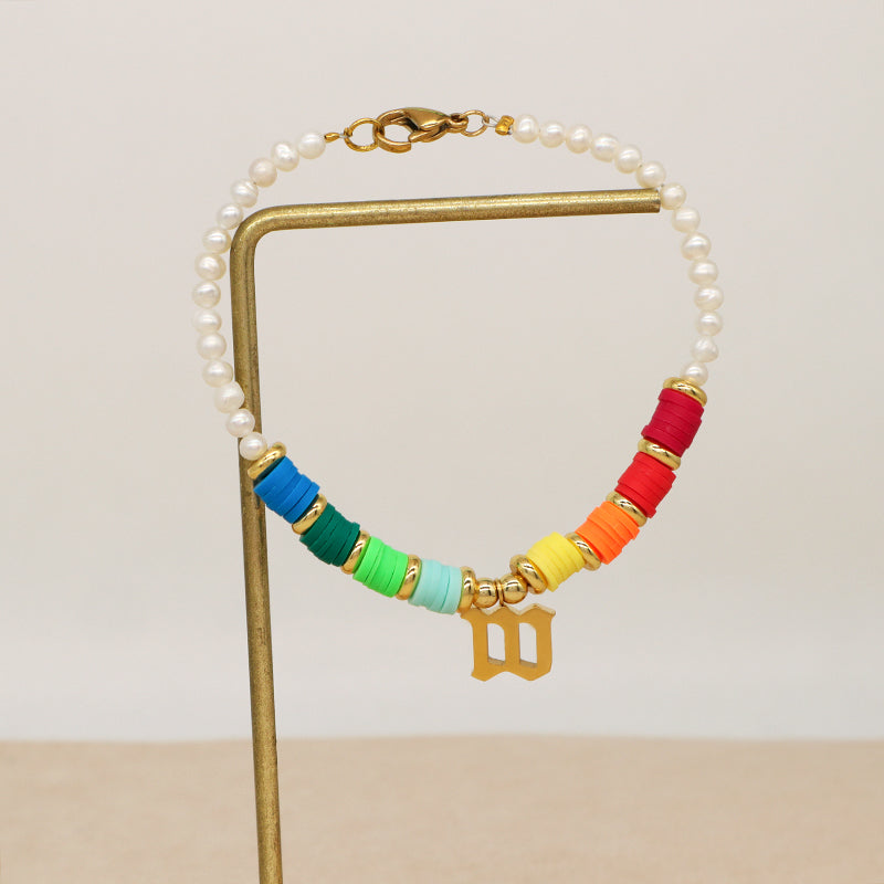 Fashion Custom Women Gold Plated Charm Jewelry Handmade Polymer Clay Stainless Steel Initial Letter M Pearl Beads Bracelet