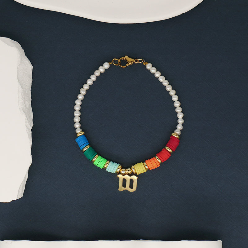 Fashion Custom Women Gold Plated Charm Jewelry Handmade Polymer Clay Stainless Steel Initial Letter M Pearl Beads Bracelet
