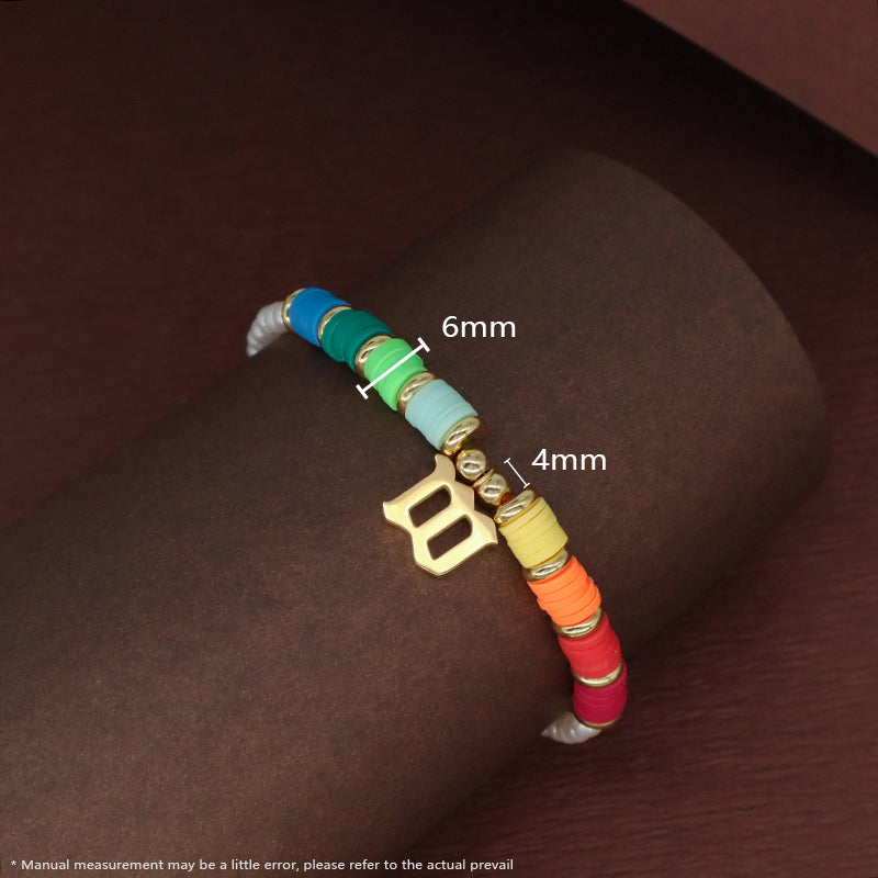Fashion Custom Women Gold Plated Charm Jewelry Handmade Polymer Clay Stainless Steel Initial Letter M Pearl Beads Bracelet