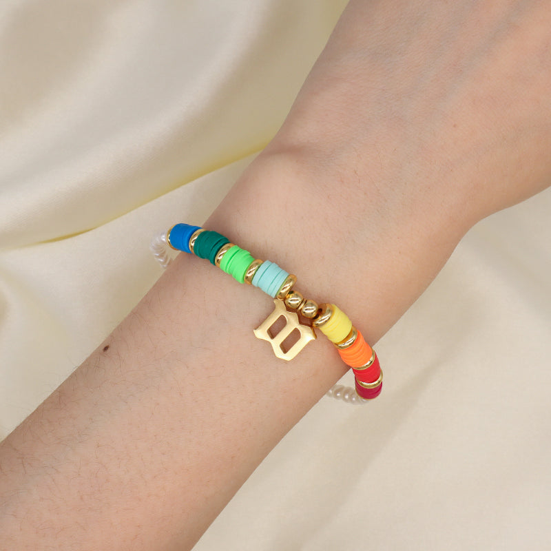 Fashion Custom Women Gold Plated Charm Jewelry Handmade Polymer Clay Stainless Steel Initial Letter M Pearl Beads Bracelet