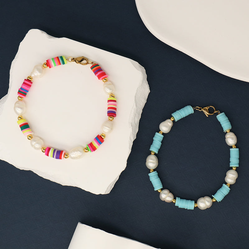 New Arrival Fashion Custom China Factory Women Gold Plated Beads Charm Jewelry Handmade Polymer Clay Fresh Water Pearl Bracelet