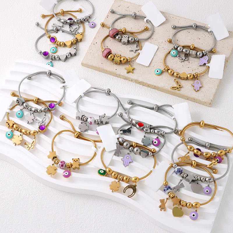 Custom Wholesale Fashion Gold Plated Children Cuff Enamel Evil Eyes Hand Butterfly Heart Charm Stainless Steel Bangle Bracelet