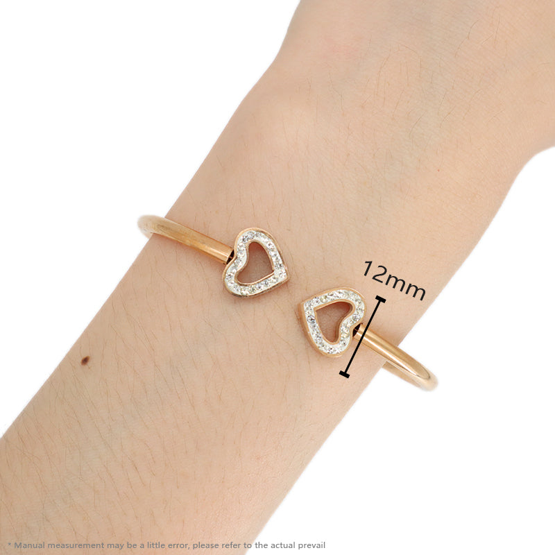 Good Quality Women Wholesale Customized Jewelry Open Rose Gold CZ Love Heart Charm Stainless Steel Expandable Bangle Bracelet