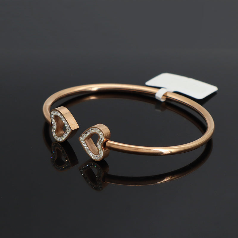 Good Quality Women Wholesale Customized Jewelry Open Rose Gold CZ Love Heart Charm Stainless Steel Expandable Bangle Bracelet