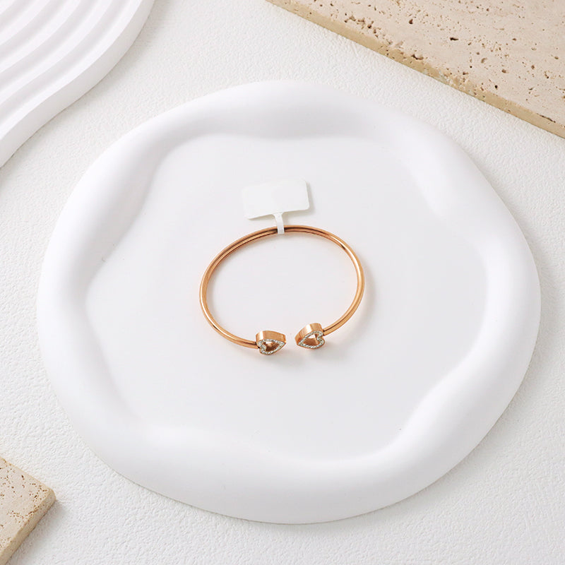 Good Quality Women Wholesale Customized Jewelry Open Rose Gold CZ Love Heart Charm Stainless Steel Expandable Bangle Bracelet