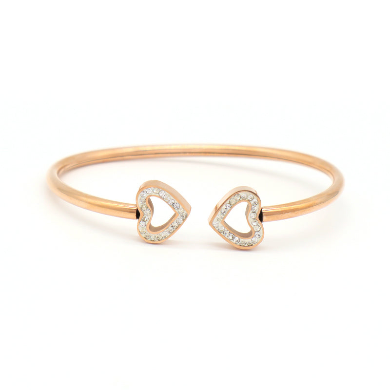 Good Quality Women Wholesale Customized Jewelry Open Rose Gold CZ Love Heart Charm Stainless Steel Expandable Bangle Bracelet