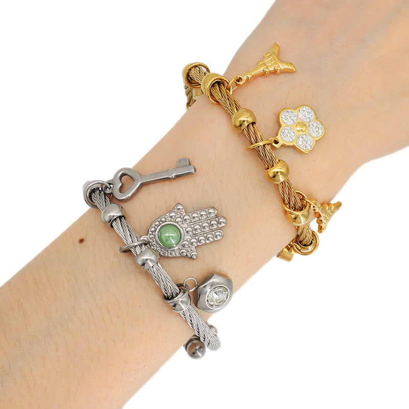 Wholesale Fashion Custom Factory Jewelry CZ Gold Plated Flower Hand Key Charm Stainless Steel Cuff Bangle Bracelet For Women