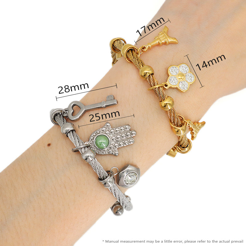 Wholesale Fashion Custom Factory Jewelry CZ Gold Plated Flower Hand Key Charm Stainless Steel Cuff Bangle Bracelet For Women