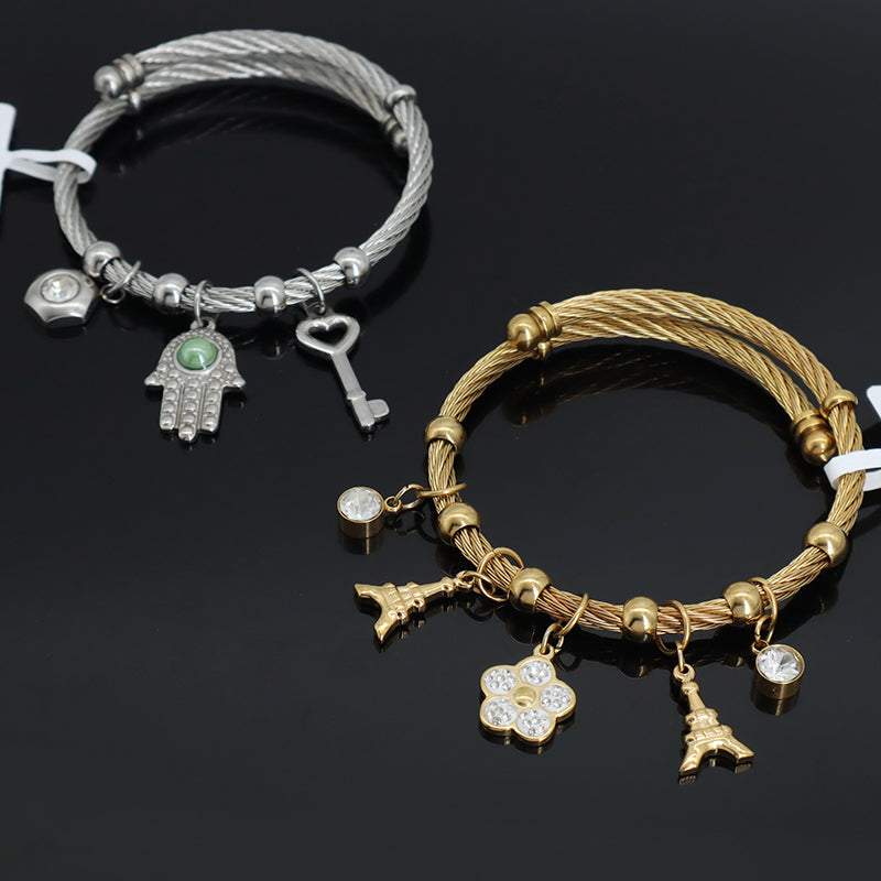 Wholesale Fashion Custom Factory Jewelry CZ Gold Plated Flower Hand Key Charm Stainless Steel Cuff Bangle Bracelet For Women
