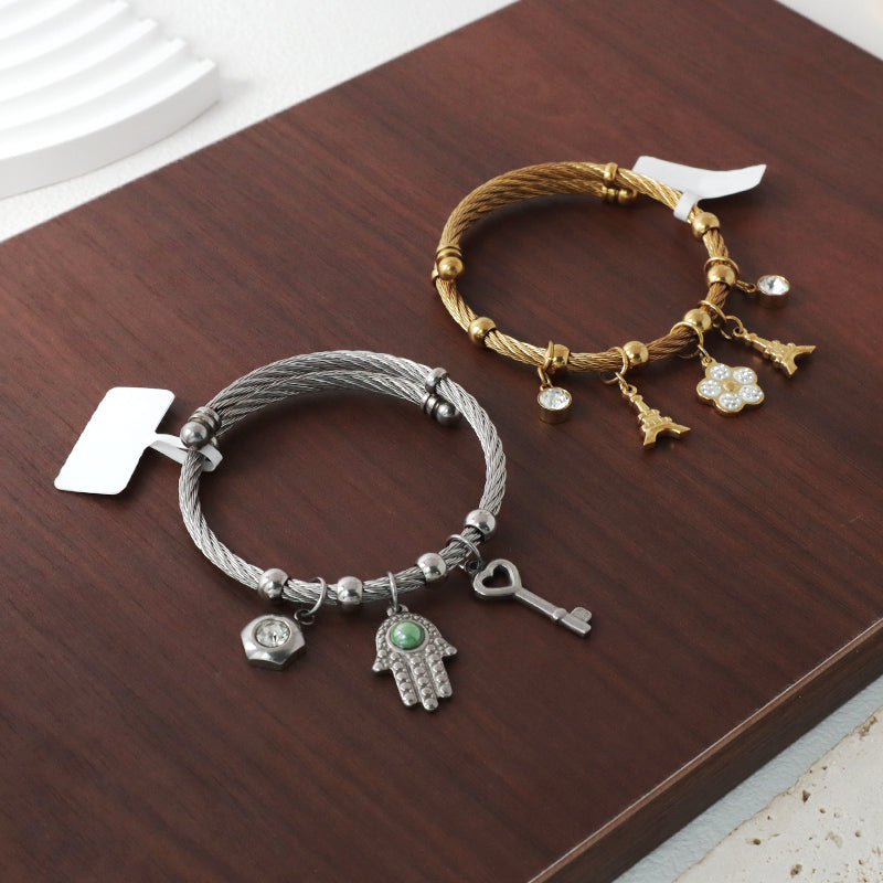 Wholesale Fashion Custom Factory Jewelry CZ Gold Plated Flower Hand Key Charm Stainless Steel Cuff Bangle Bracelet For Women