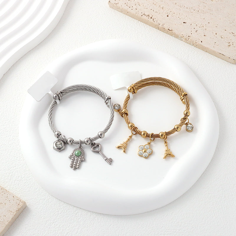 Wholesale Fashion Custom Factory Jewelry CZ Gold Plated Flower Hand Key Charm Stainless Steel Cuff Bangle Bracelet For Women