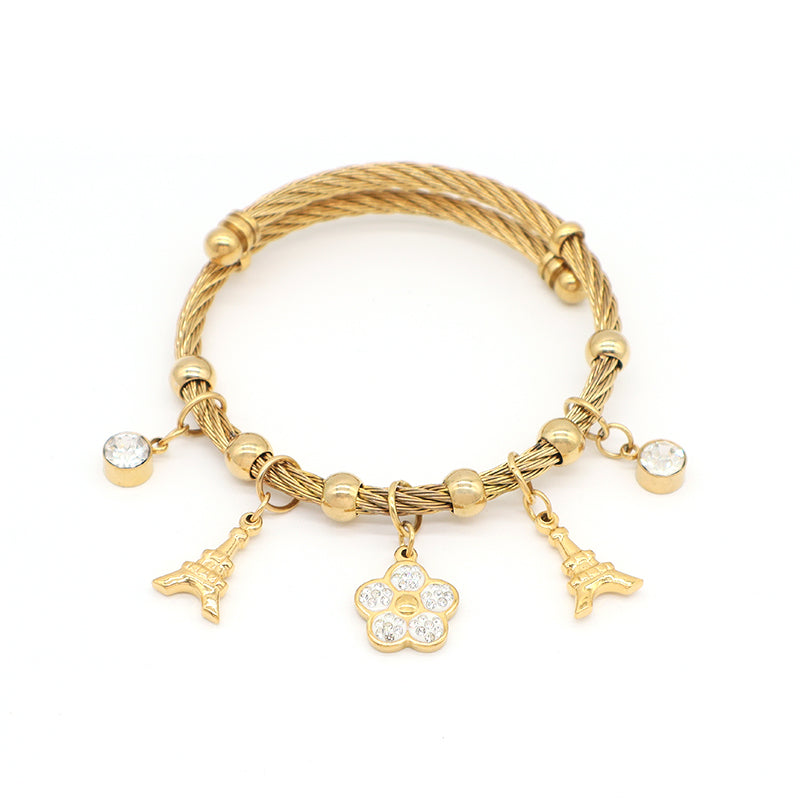 Wholesale Fashion Custom Factory Jewelry CZ Gold Plated Flower Hand Key Charm Stainless Steel Cuff Bangle Bracelet For Women