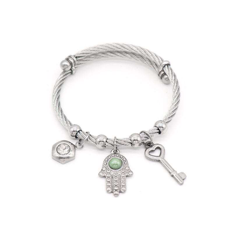 Wholesale Fashion Custom Factory Jewelry CZ Gold Plated Flower Hand Key Charm Stainless Steel Cuff Bangle Bracelet For Women