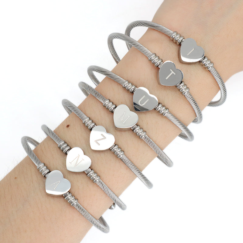 New Bulk Sale China Factory Custom Jewelry No Tarnish Initial Letter Heart Charm Stainless Steel Bangle Bracelet For Women