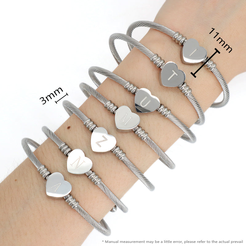 New Bulk Sale China Factory Custom Jewelry No Tarnish Initial Letter Heart Charm Stainless Steel Bangle Bracelet For Women