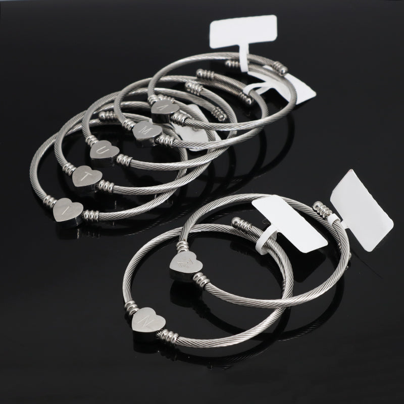 New Bulk Sale China Factory Custom Jewelry No Tarnish Initial Letter Heart Charm Stainless Steel Bangle Bracelet For Women