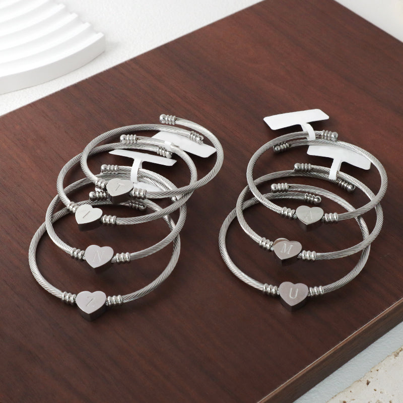 New Bulk Sale China Factory Custom Jewelry No Tarnish Initial Letter Heart Charm Stainless Steel Bangle Bracelet For Women