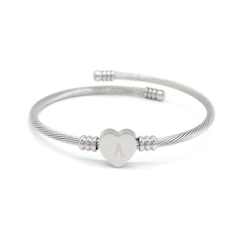 New Bulk Sale China Factory Custom Jewelry No Tarnish Initial Letter Heart Charm Stainless Steel Bangle Bracelet For Women
