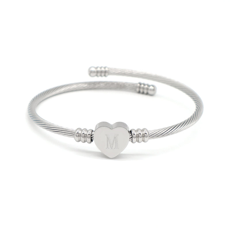 New Bulk Sale China Factory Custom Jewelry No Tarnish Initial Letter Heart Charm Stainless Steel Bangle Bracelet For Women