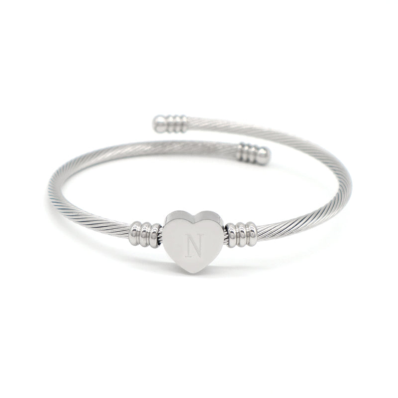 New Bulk Sale China Factory Custom Jewelry No Tarnish Initial Letter Heart Charm Stainless Steel Bangle Bracelet For Women