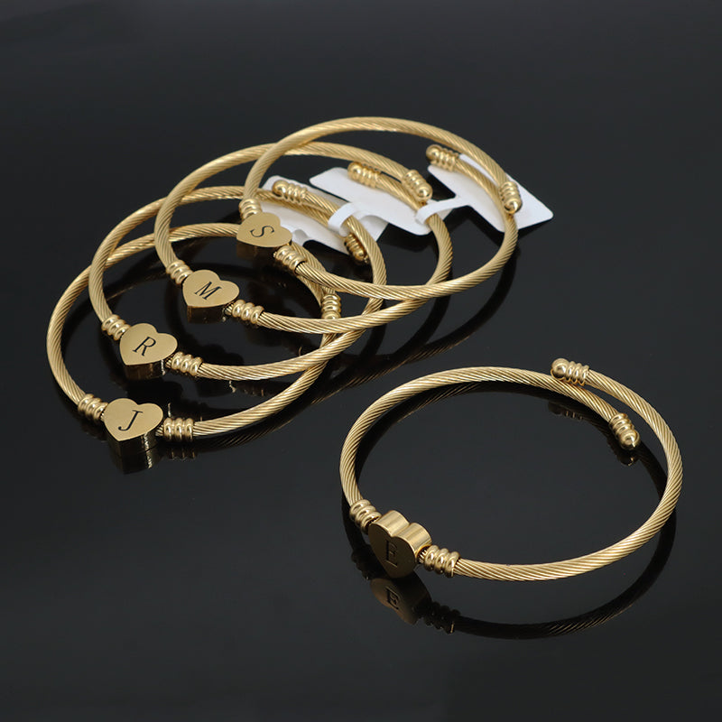 Wholesale Custom Factory Jewelry Gold Plated Initial Letter Heart Charm Stainless Steel Expandable Bangle Bracelet For Women