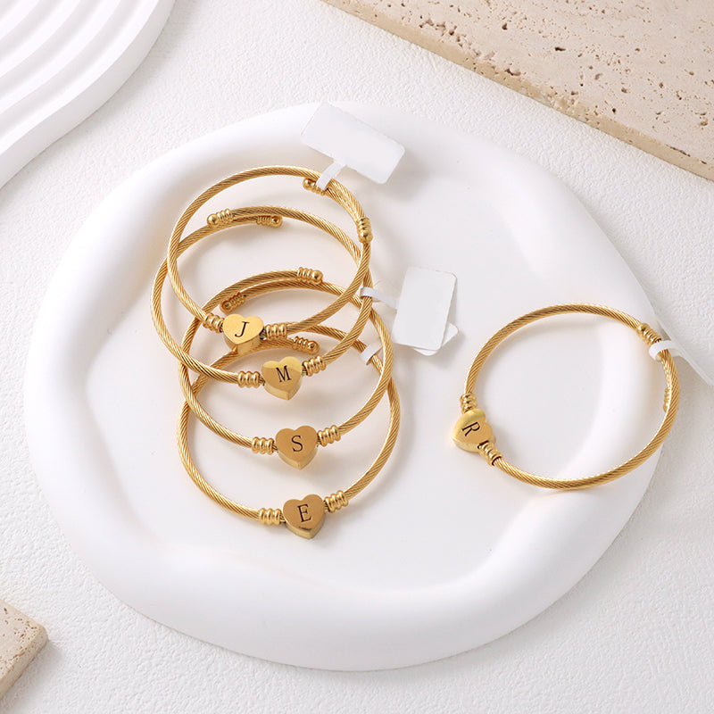 Wholesale Custom Factory Jewelry Gold Plated Initial Letter Heart Charm Stainless Steel Expandable Bangle Bracelet For Women