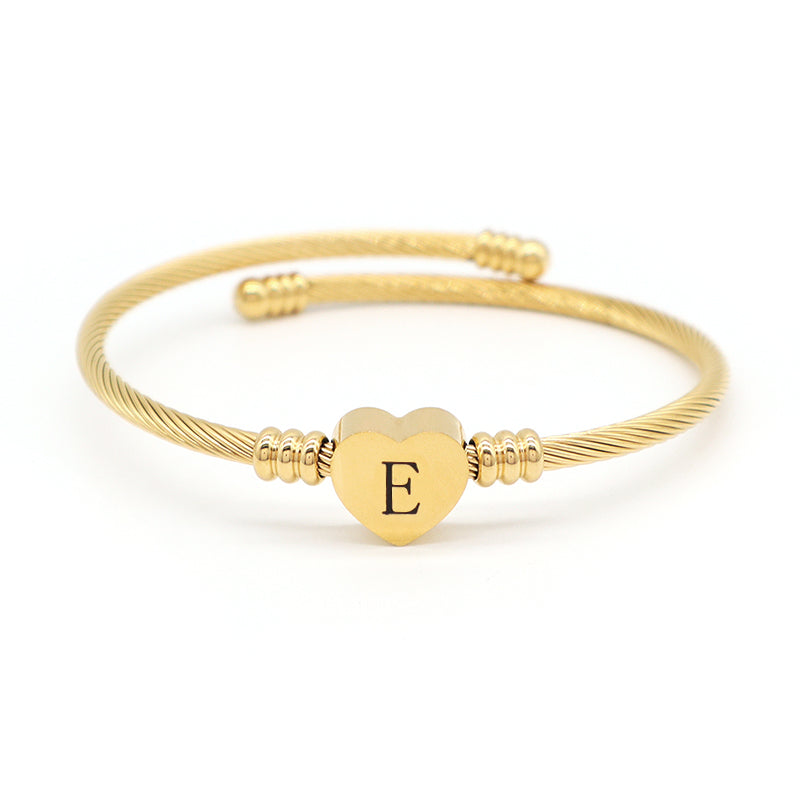 Wholesale Custom Factory Jewelry Gold Plated Initial Letter Heart Charm Stainless Steel Expandable Bangle Bracelet For Women