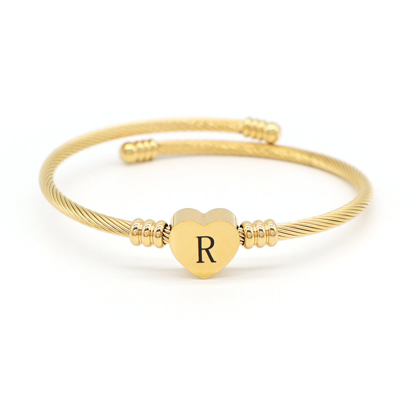 Wholesale Custom Factory Jewelry Gold Plated Initial Letter Heart Charm Stainless Steel Expandable Bangle Bracelet For Women