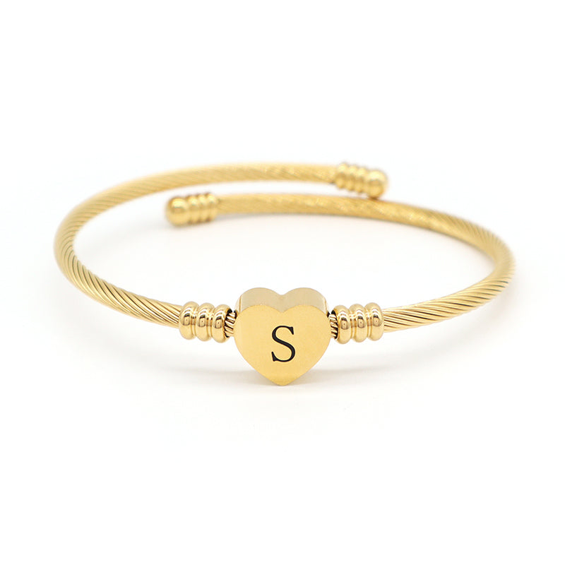 Wholesale Custom Factory Jewelry Gold Plated Initial Letter Heart Charm Stainless Steel Expandable Bangle Bracelet For Women