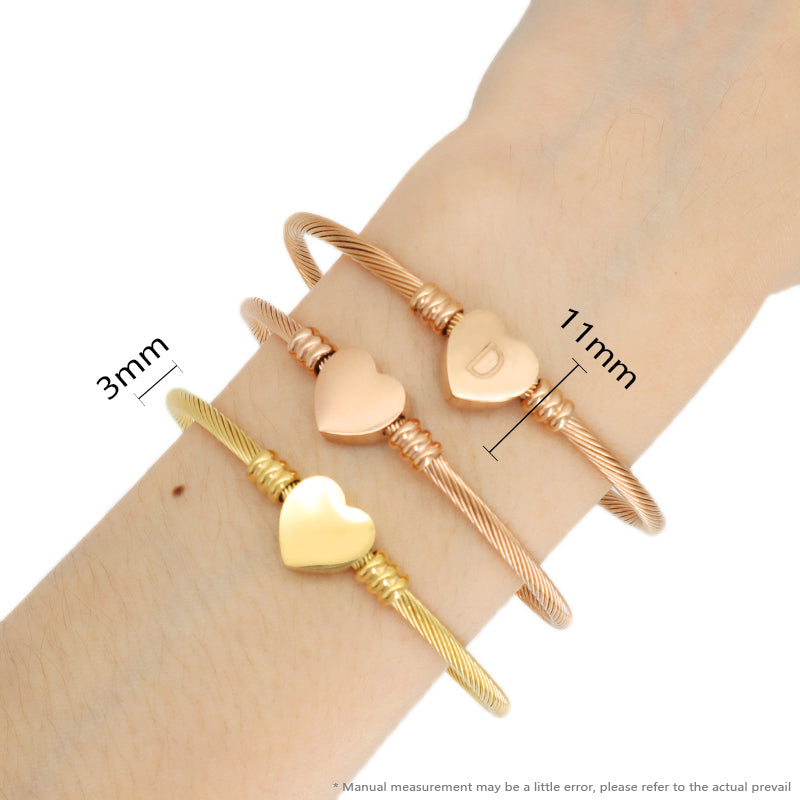 Women Wholesale Customized Jewelry Gold Plated Rose Gold Initial Letter Heart Charm Stainless Steel Expandable Bracelet Bangle