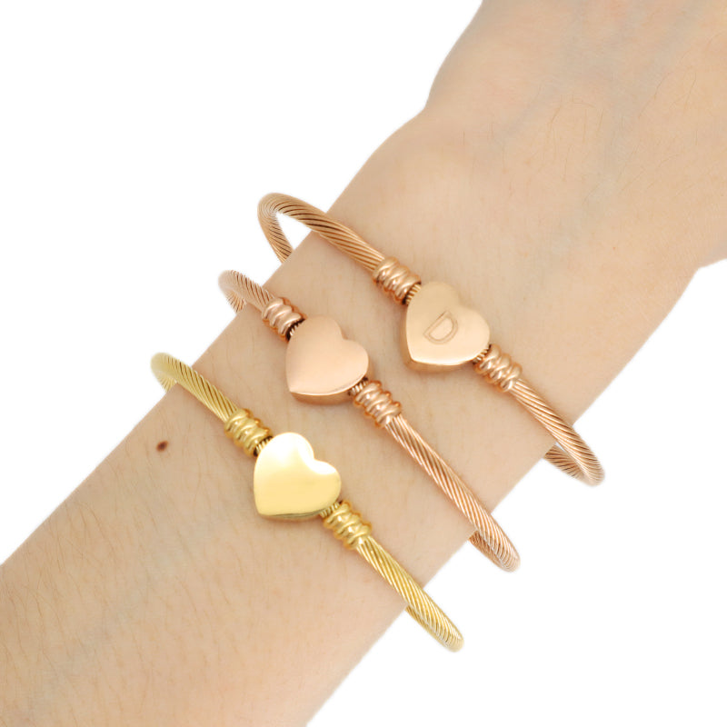 Women Wholesale Customized Jewelry Gold Plated Rose Gold Initial Letter Heart Charm Stainless Steel Expandable Bracelet Bangle